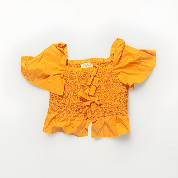 Anthropologie Mare Mare Orange Smock Bow Tie Crop Top Blouse Flutter Sleeve NWT - Picture 2 of 6